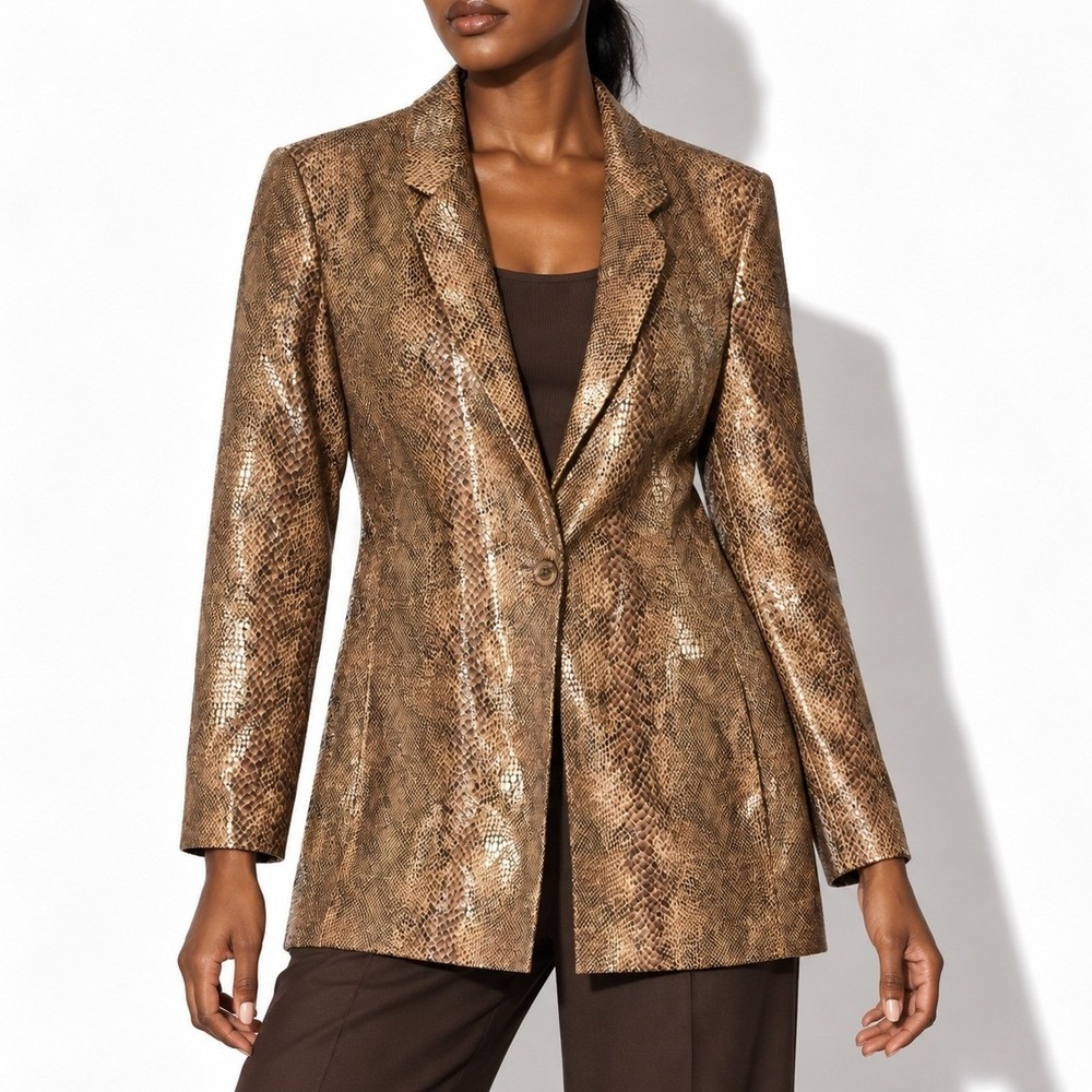 90s Vintage Glossy Faux Snakeskin Blazer Womens 10 Brown Harve Benard Jacket